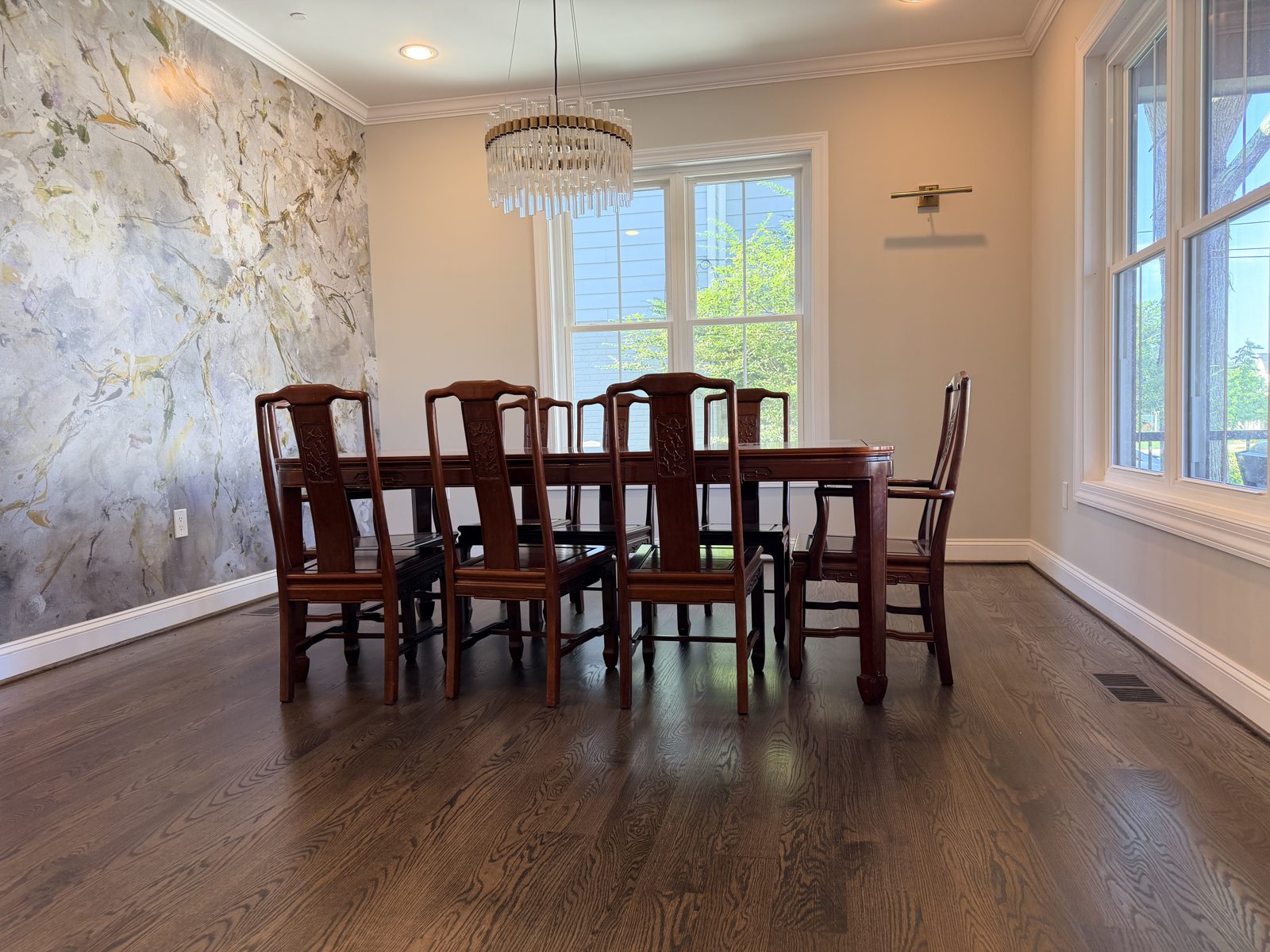 Dark stained oak hardwood floor in a Bethesda, MD dining room