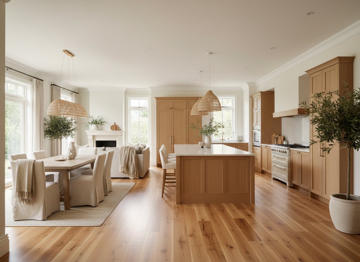 Kitchen and dining area with beautiful natural hardwood floors