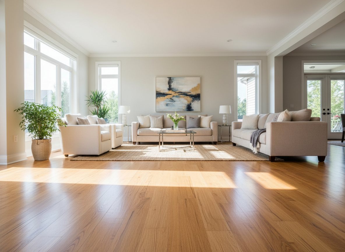 Beautiful natural hardwood floor in bright living room