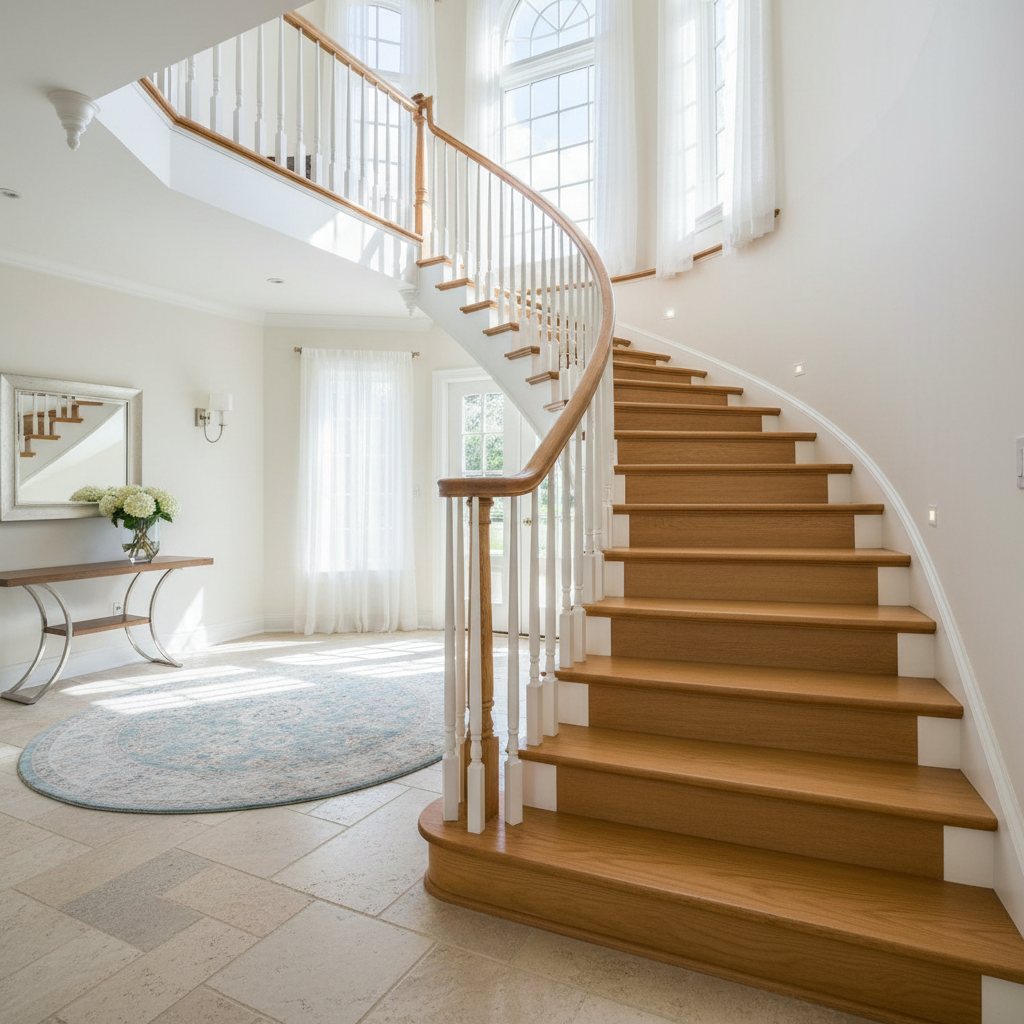 Elegant wooden staircase with natural light oak finish