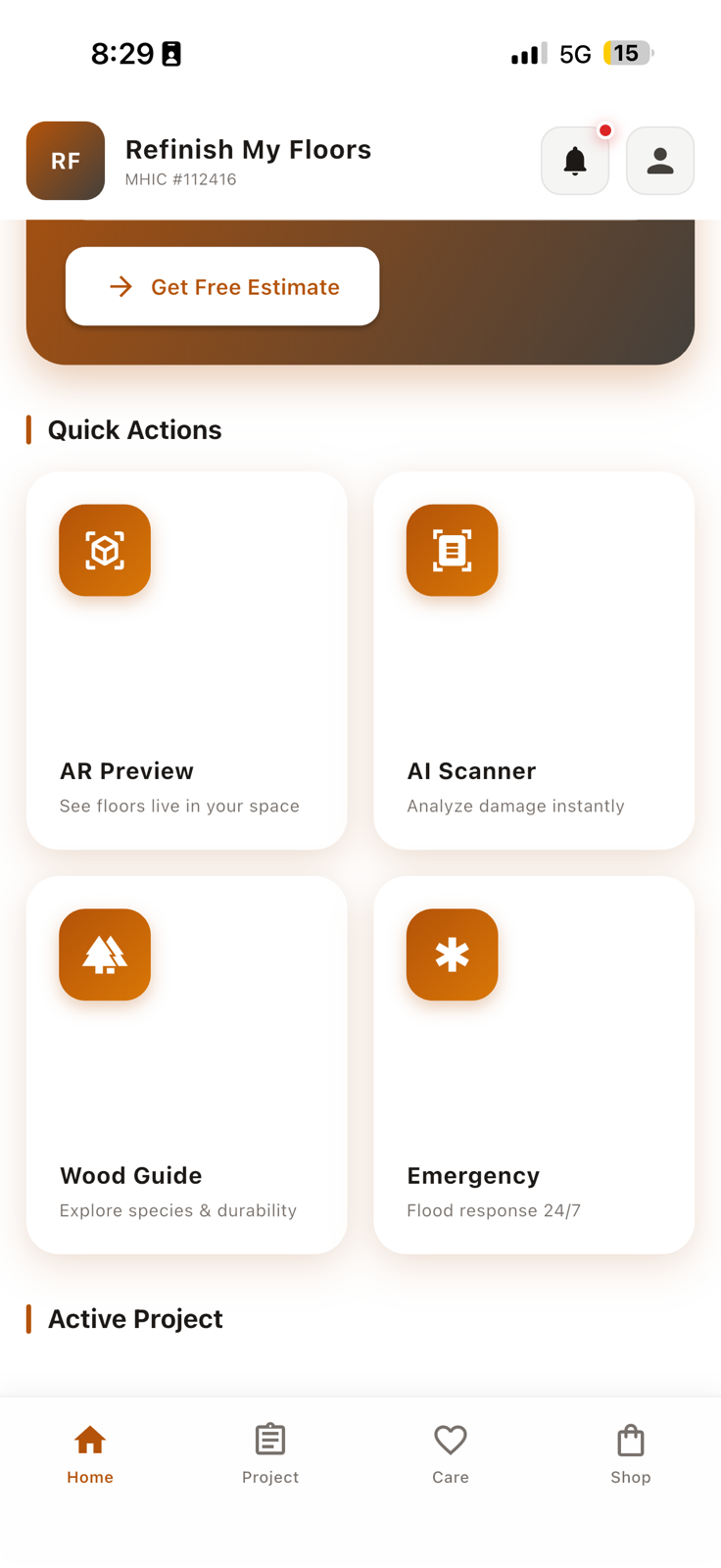 Refinish My Floors app home screen showing Quick Actions: AR Preview, AI Scanner, Wood Guide, and Emergency