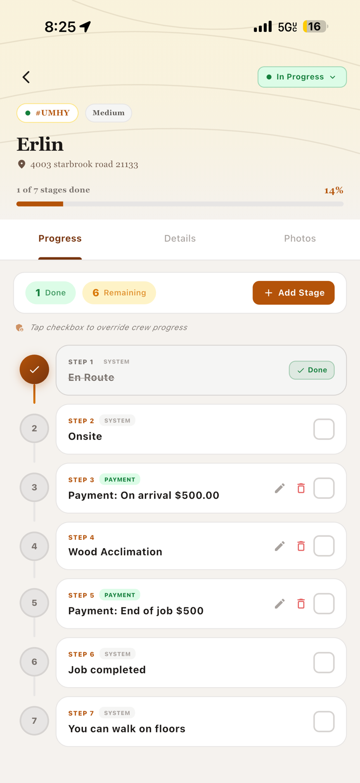 Refinish My Floors app project tracking screen showing 7-step progress workflow
